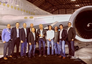 A.C. Charania (left) with the Virgin Galactic team (including Richard Branson), in December 2015, with the 747-400 aircraft for the LauncherOne program to launch a rocket.