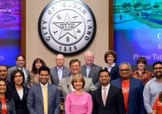 Sugar Land Mayor Joe Zimmerman, the Sugar Land City Council, I-CERV team members, and leadership of the Ismaili Council for the Southwestern United States at the Sugar Land City Council meeting on February 6, 2018.