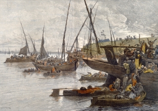 Egyptians fleeing on boats on the Nile to escape from a cholera epidemic. Colored wood engraving by W.J.P.after C. Loye. Credit: Wellcome Collection. Attribution 4.0 International (CC BY 4.0).