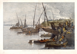 Egyptians fleeing on boats on the Nile to escape from a cholera epidemic. Colored wood engraving by W.J.P.after C. Loye. Credit: Wellcome Collection. Attribution 4.0 International (CC BY 4.0).