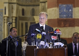 Mawlana Hazar Imam speaking at the inauguration ceremony marking the completed restoration of the Aqsunqur Mosque in Cairo, Egypt. AKDN / Gary Otte
