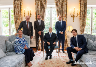 Mawlana Hazar Imam with Prince Amyn, Princess Zahra, Prince Rahim, Prince Hussain, and Prince Aly Muhammad on Imamat Day, 11 July 2022.