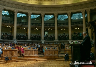Mawlana Hazar Imam delivers an address in the Senate Chamber at Sāo Bento Palace on 10 July 2018.