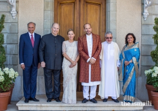 Prince Hussain and Princess Fareen pose for a group photograph with Mawlana Hazar Imam; Vahid Khoshideh, President of the Association Islamique et Culturelle d’Ahl-el-Bayt de Geneve (centre right); Mahmoud Eboo, Chairman of the Leaders’ International Forum; and his wife Karima Eboo.