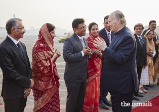 Mawlana Hazar Imam in conversation with Ismaili Council for India Vice-President Munir Merchant, before his departure from Mumbai, completing a 10-day Diamond Jubilee visit to India.