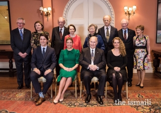 Mawlana Hazar Imam and Her Excellency Julie Payette with former Governors General Adrienne Clarkson and David Johnston, and current and former Prime Ministers Justin Trudeau, Joe Clark, and Jean Chretien, and their respective spouses at Rideau Hall.