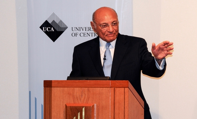 Shamsh Kassim-Lakha delivers a talk on how the University of Central Asia is creating opportunity in the region at the Ismaili Centre, London. Ismaili Council for the UK / Riaz Kassam