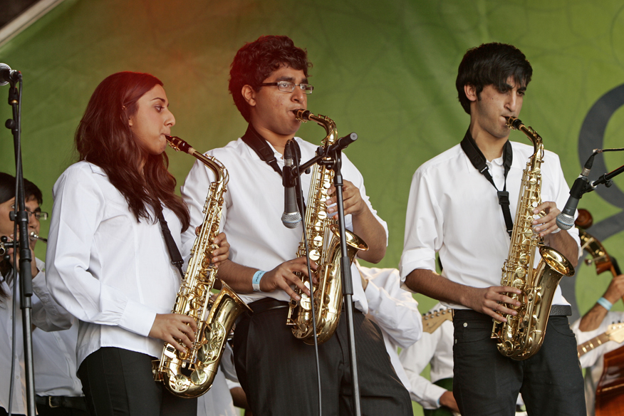 The Ismaili Community Ensemble brass section performs at Trafalgar Square. Photo: Kois Miah