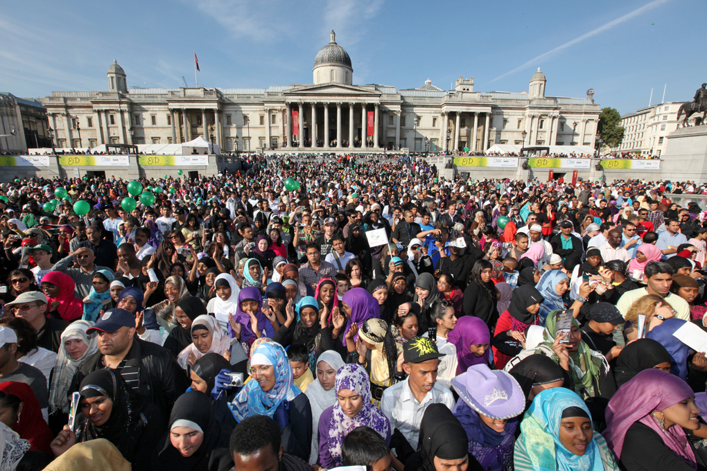 Huge crowds packed Trafalgar Square for Eid celebrations in London. Photo: Kois Miah