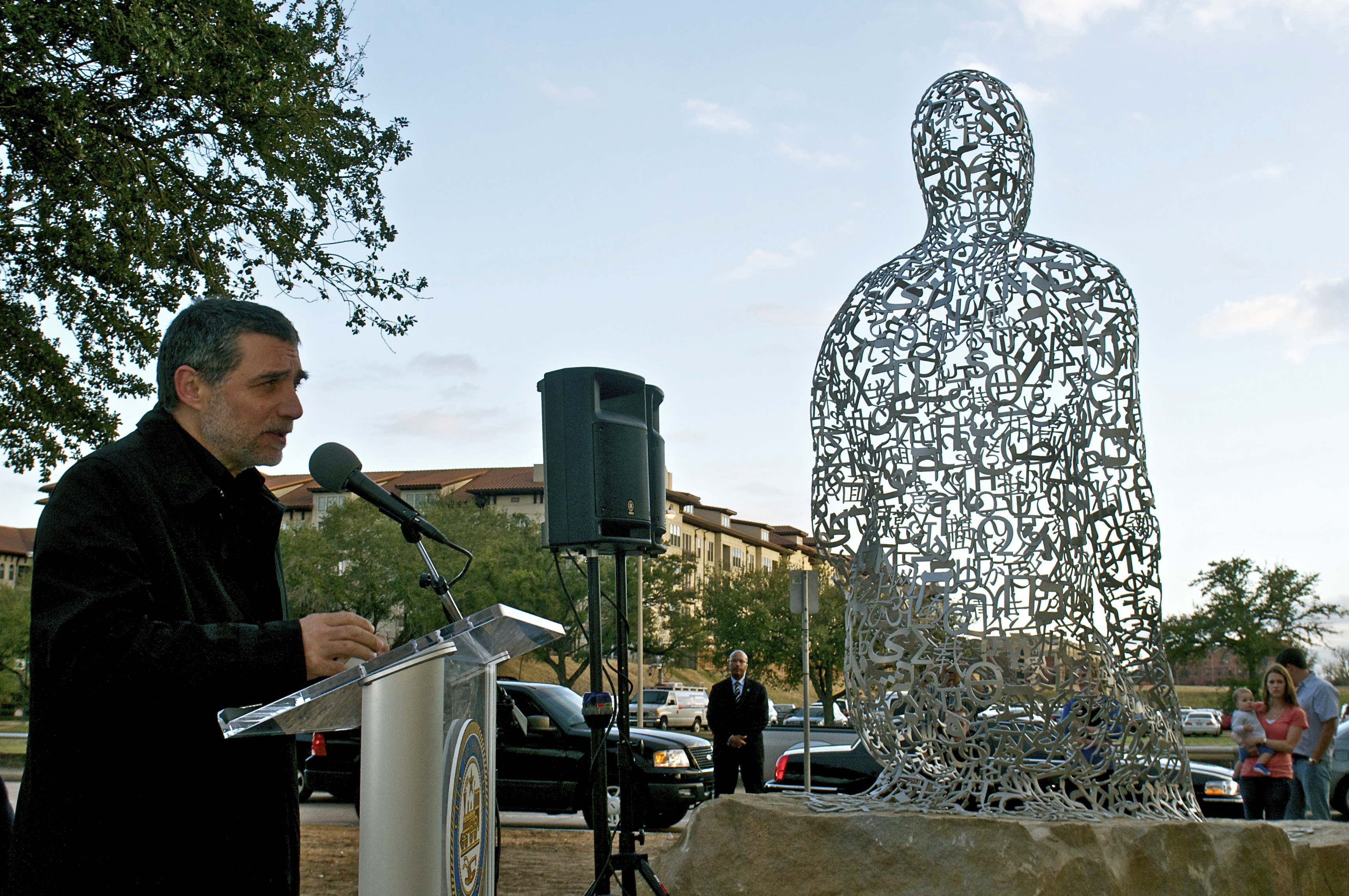 Artist Jaume Plensa speaking about his art work at the Tolerance dedication ceremony. Photo: Zahid Alibhai