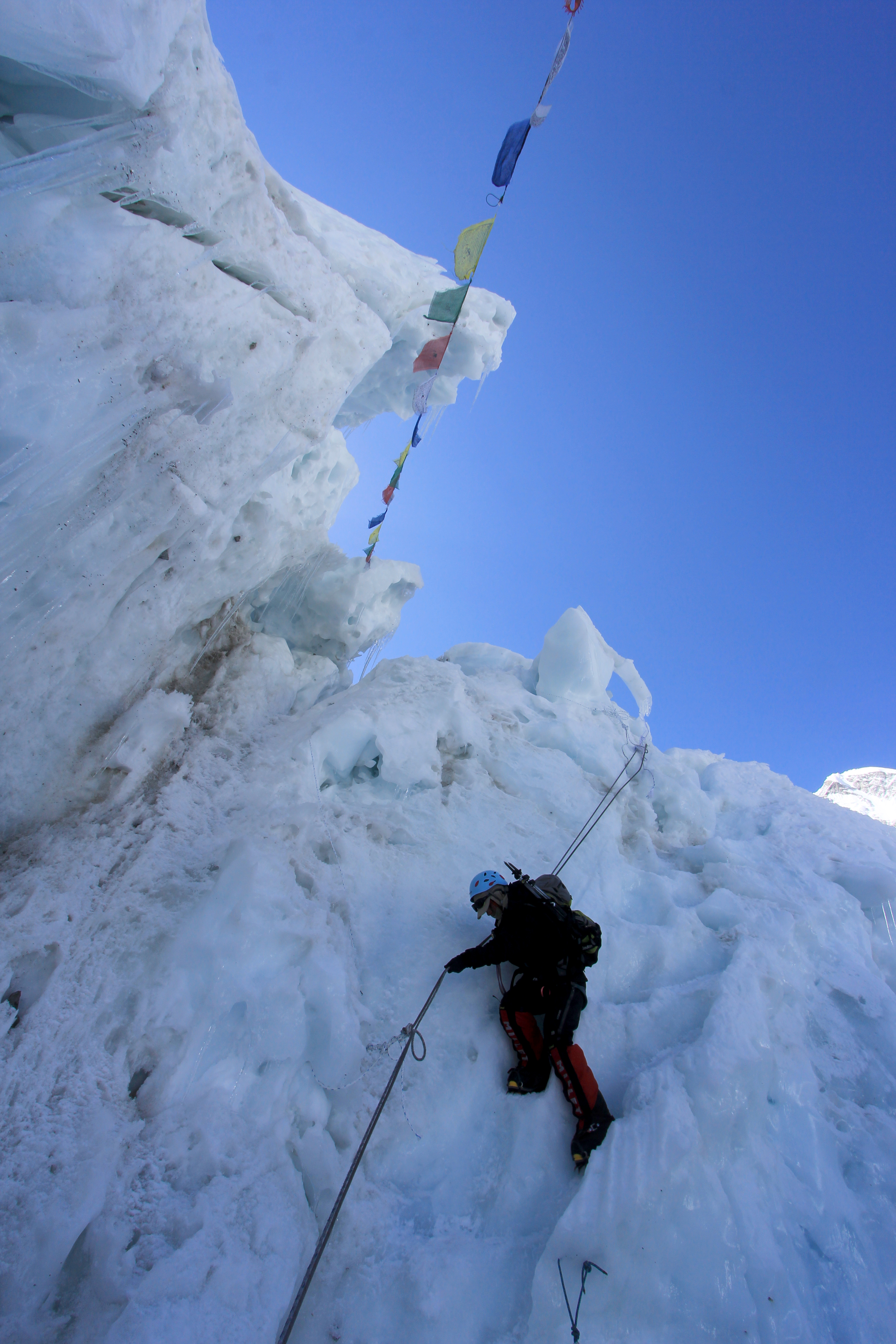 Samina traverses the Khumbu icefall, one of the most dangerous parts of the South Col route to Everest`s summit. Photo: Mirza Ali